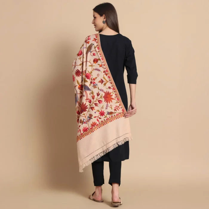 Light Peach Hand Aari Embroidered Wool Stole – Kashmiri Craftsmanship - Image 3