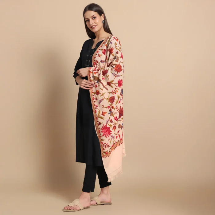 Light Peach Hand Aari Embroidered Wool Stole – Kashmiri Craftsmanship - Image 2