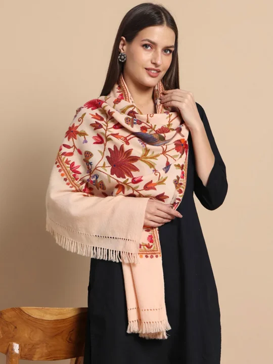 Light Peach Hand Aari Embroidered Wool Stole – Kashmiri Craftsmanship
