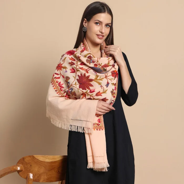 Light Peach Hand Aari Embroidered Wool Stole – Kashmiri Craftsmanship