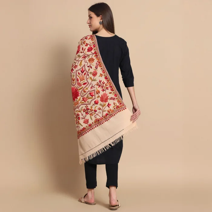 Light Peach Hand Aari Embroidered Pure Wool Stole – Kashmiri Craftsmanship - Image 2