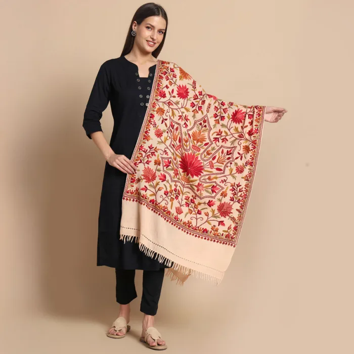 Light Peach Hand Aari Embroidered Pure Wool Stole – Kashmiri Craftsmanship - Image 3