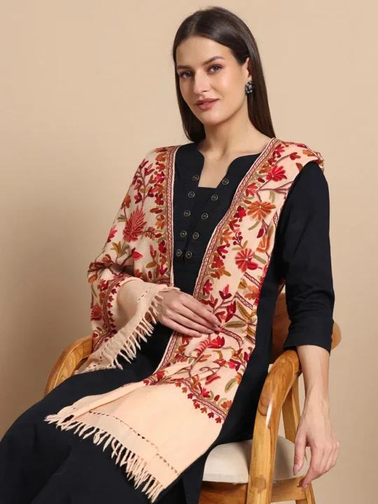 Light Peach Hand Aari Embroidered Pure Wool Stole – Kashmiri Craftsmanship