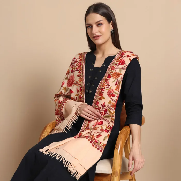 Light Peach Hand Aari Embroidered Pure Wool Stole – Kashmiri Craftsmanship