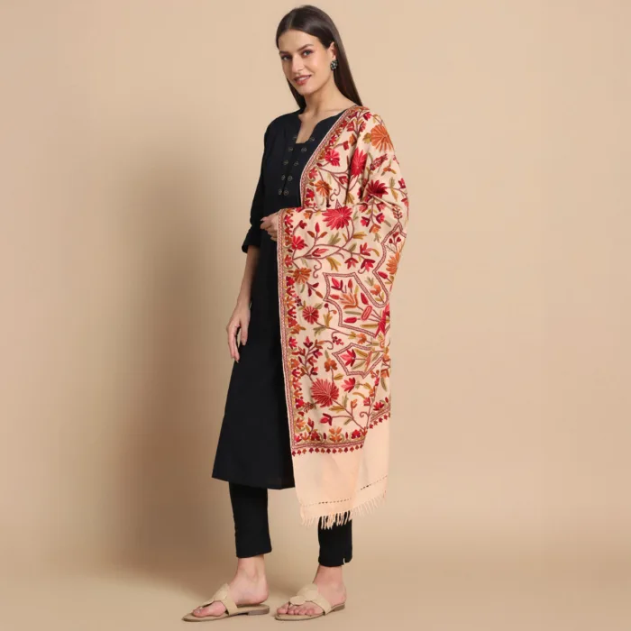 Light Peach Hand Aari Embroidered Pure Wool Stole – Kashmiri Craftsmanship - Image 5