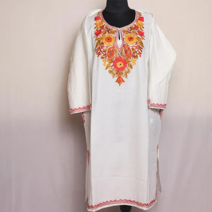 White Cashmilon Pheran With Exquisite Aari Embroidery - Wahraat Collection - Image 2