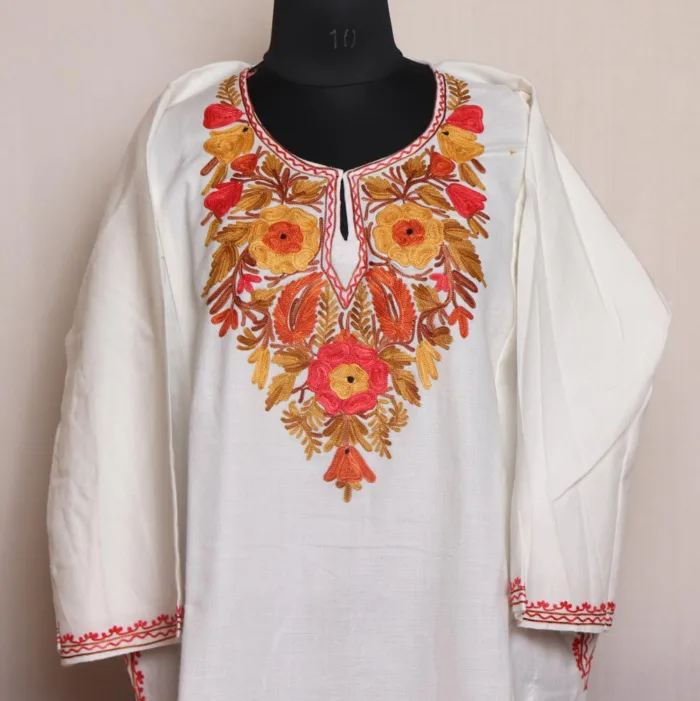 White Cashmilon Pheran With Exquisite Aari Embroidery - Wahraat Collection