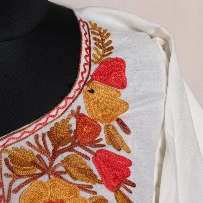 White Cashmilon Pheran With Exquisite Aari Embroidery - Wahraat Collection - Image 3