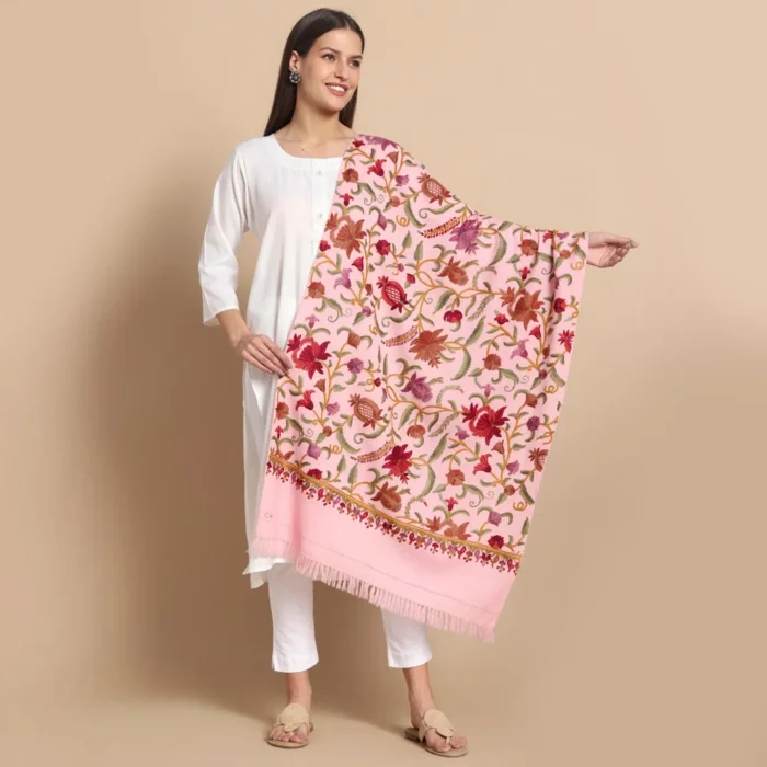 Luxury Pink Aari Embroidered Wool Stole – Kashmiri Craftsmanship - Image 4