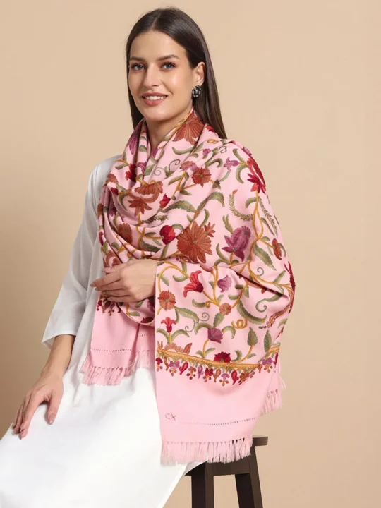 Luxury Pink Aari Embroidered Wool Stole – Kashmiri Craftsmanship