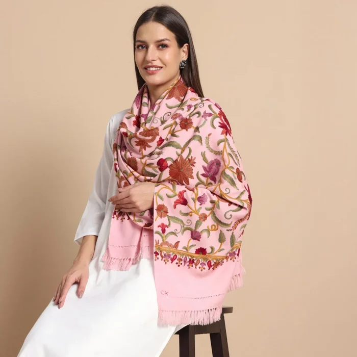 Luxury Pink Aari Embroidered Wool Stole – Kashmiri Craftsmanship