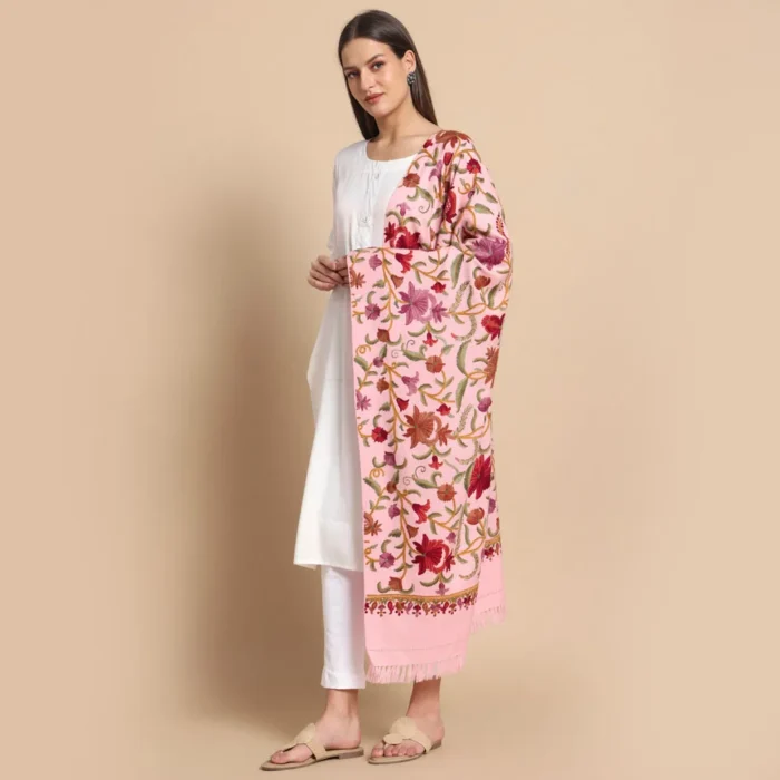 Luxury Pink Aari Embroidered Wool Stole – Kashmiri Craftsmanship - Image 2