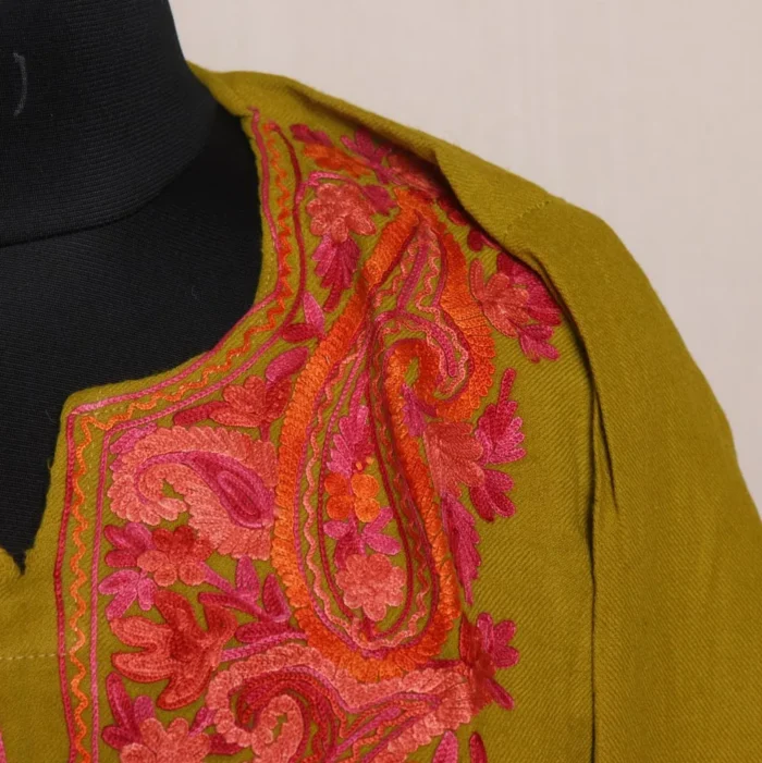 Mehndi Green Kashmiri Raffal Pheran - Aari Embroidered - Image 3