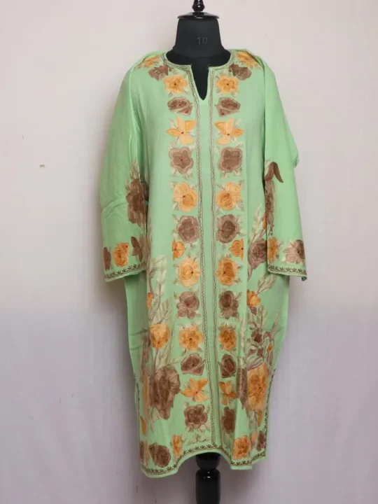 Green Kashmiri Light Green Raffal Pheran - Elegant Aari Embroidery