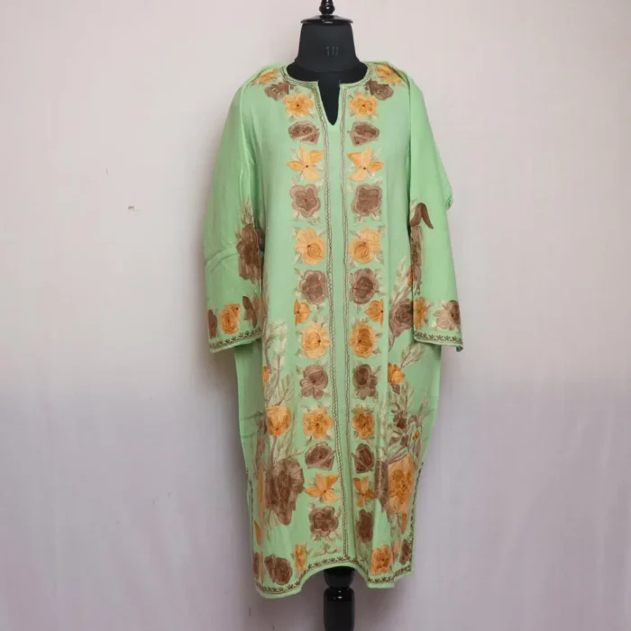 Green Kashmiri Light Green Raffal Pheran - Elegant Aari Embroidery