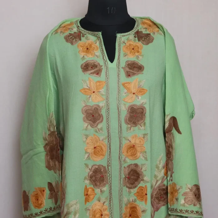 Green Kashmiri Light Green Raffal Pheran - Elegant Aari Embroidery - Image 2