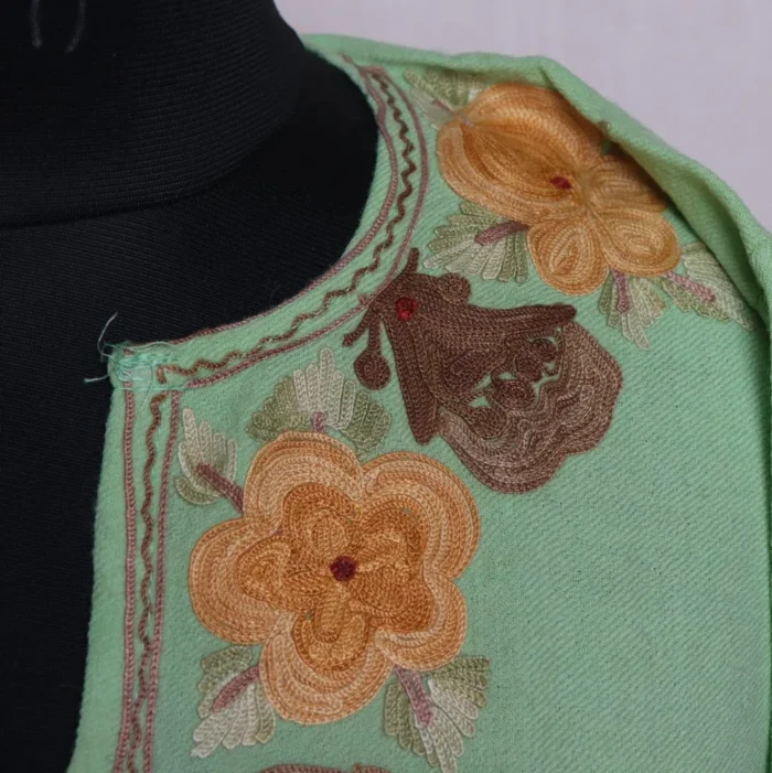 Green Kashmiri Light Green Raffal Pheran - Elegant Aari Embroidery - Image 3