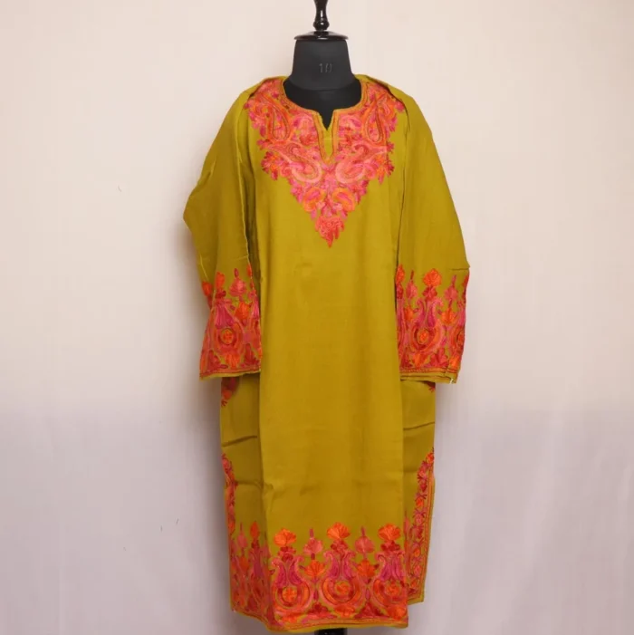 Mehndi Green Kashmiri Raffal Pheran - Aari Embroidered