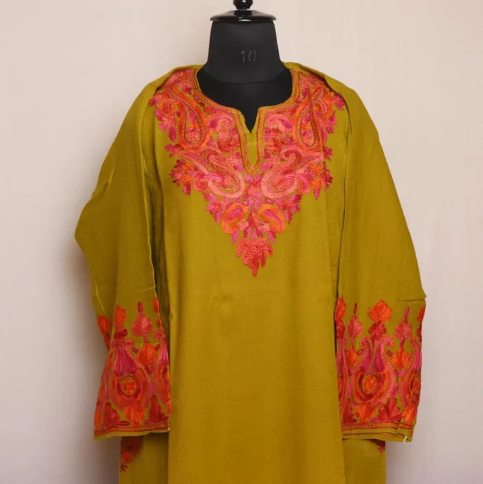 Mehndi Green Kashmiri Raffal Pheran - Aari Embroidered - Image 2