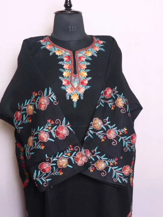 Designer Black Poshbaagh Pheran With Hand Aari Embroidery on Neck and Sleeves- Needle Magic (38,53)