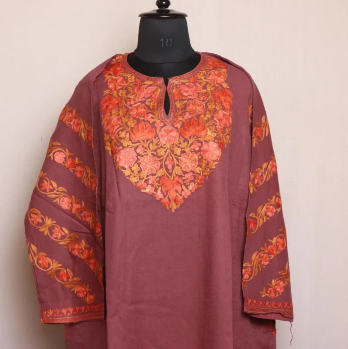 Haleema Dark Mauve Kashmiri Raffal Pheran - Embroidered Sleeve Design - Image 2