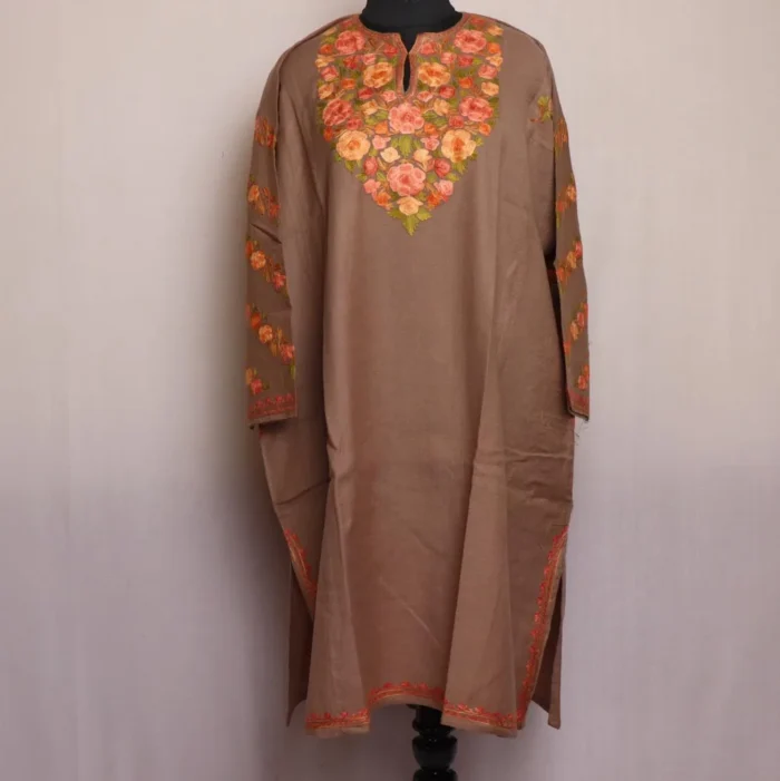 Fariha Midnight Tan Kashmiri Raffal Pheran with Fine Sleeve Aari