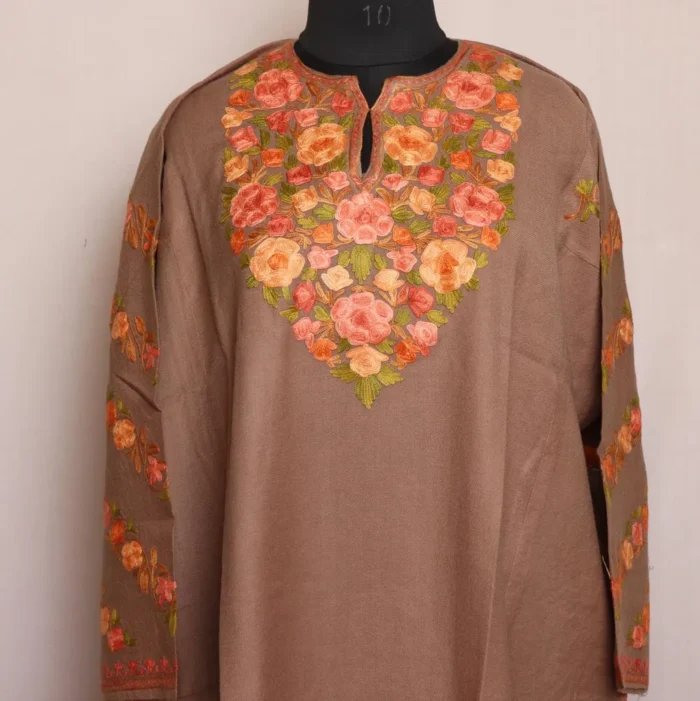 Fariha Midnight Tan Kashmiri Raffal Pheran with Fine Sleeve Aari - Image 2