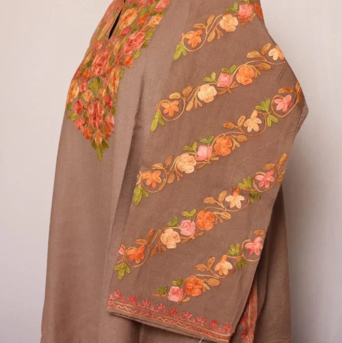 Fariha Midnight Tan Kashmiri Raffal Pheran with Fine Sleeve Aari - Image 3