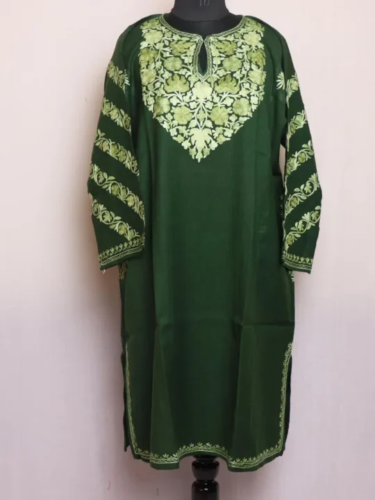 Dark Olive Kashmiri Raffal Pheran - Aari Worked Sleeves