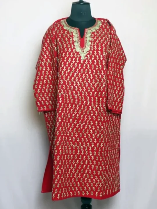 Sadaf Red Cashmilon Pheran with All - Over Aari Embroidery