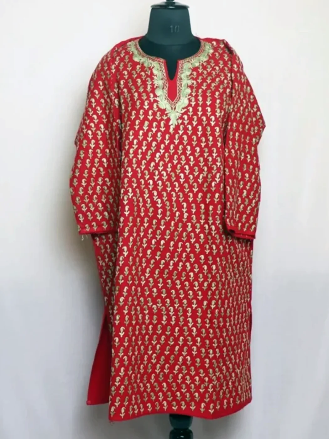 Sadaf Red Cashmilon Pheran with All - Over Aari Embroidery