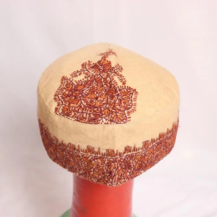 Beige Semi Pashmina Hand Sozni Cap