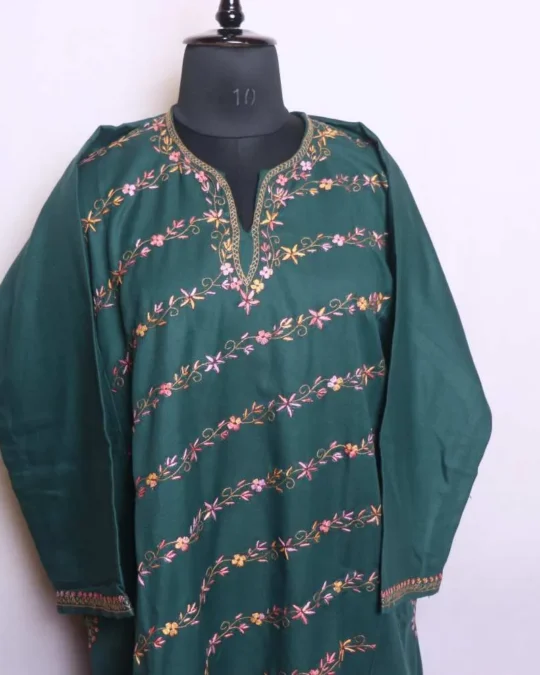 Dark Green Hand Sozni Soft Tweed Pheran