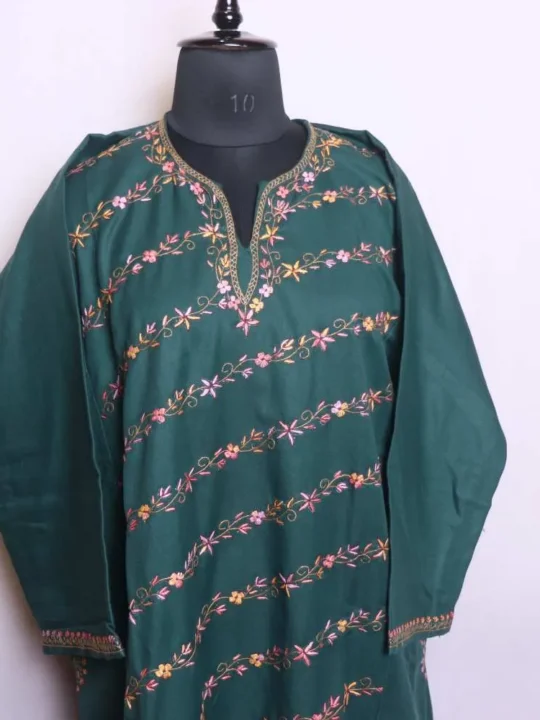 Dark Green Hand Sozni Soft Tweed Pheran