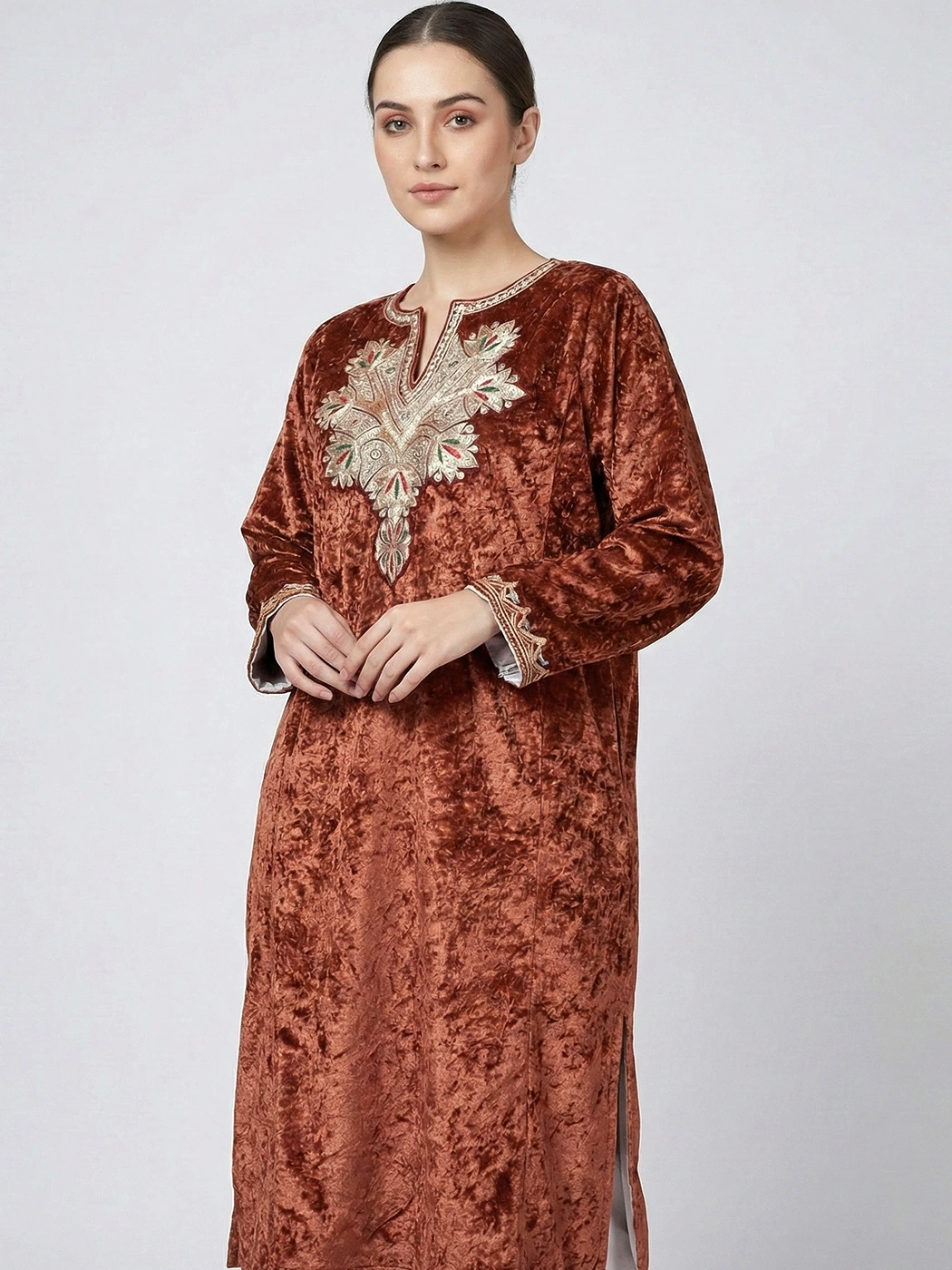Dark Chocolate Brown Velvet Pheran With Elegent Tilla Embroidery - Shaheen  Collection - Gyawun