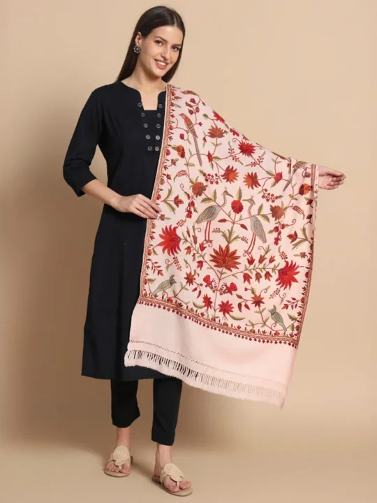 Misra Bano Light Peach Pink Aari Embroidered Wool Stole – Kashmiri Craftsmanship