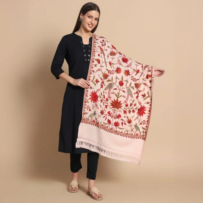 Misra Bano Light Peach Pink Aari Embroidered Wool Stole – Kashmiri Craftsmanship