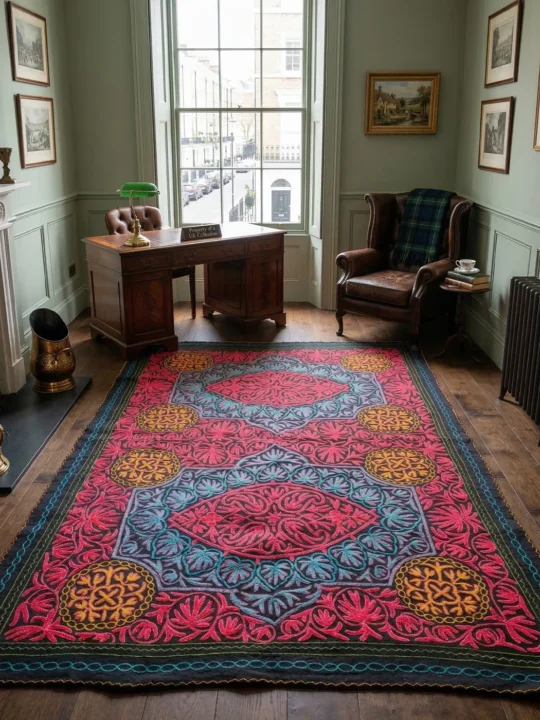 Blue and Red Big Wool Handmade Aari Embroidered Namda Rug 10*7