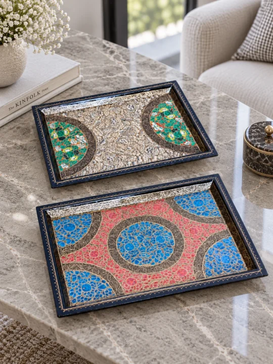 Set of 2 | Kashmiri Paper Mache Tray with Unique Floral Craftsmanship