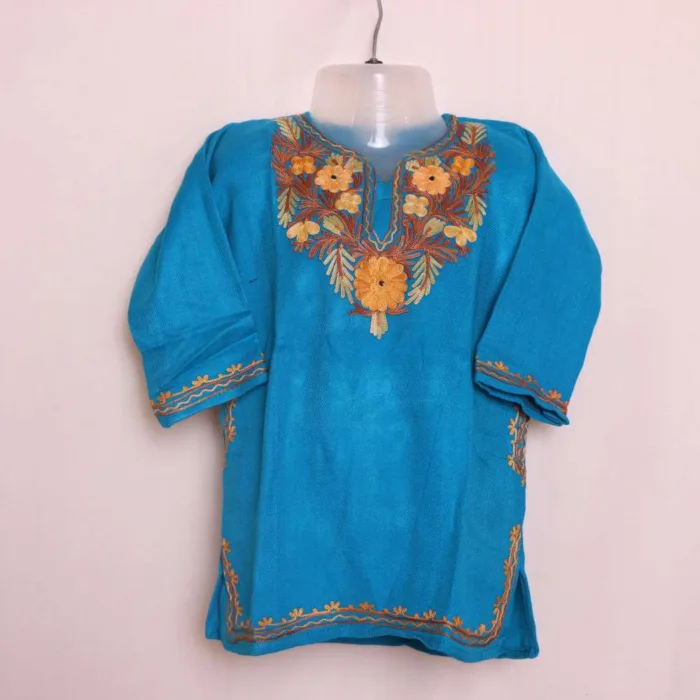 Blue Cashmilon Aari Embroidered Girls Pheran - Parisa Collection (2-3y)