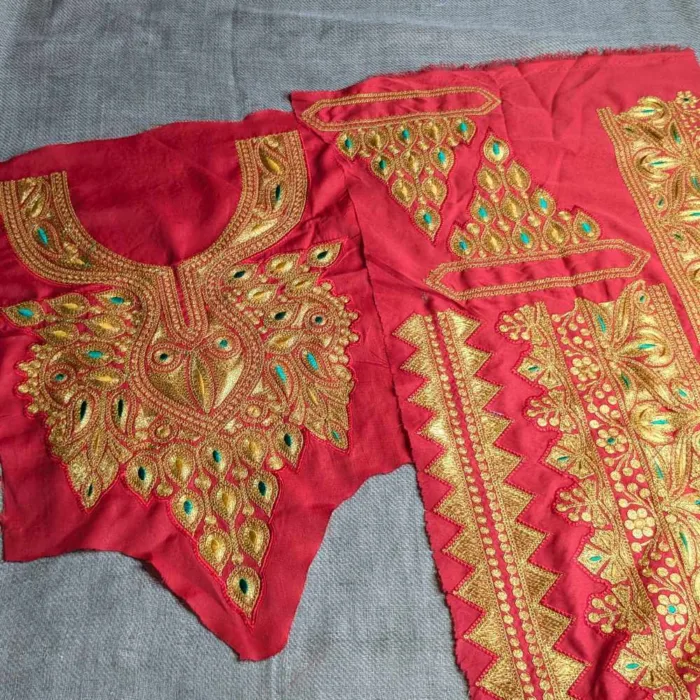 Red and Golden Designer Tilla Patch With Border, Pocket and Sleeves Lace - Koraab Collection