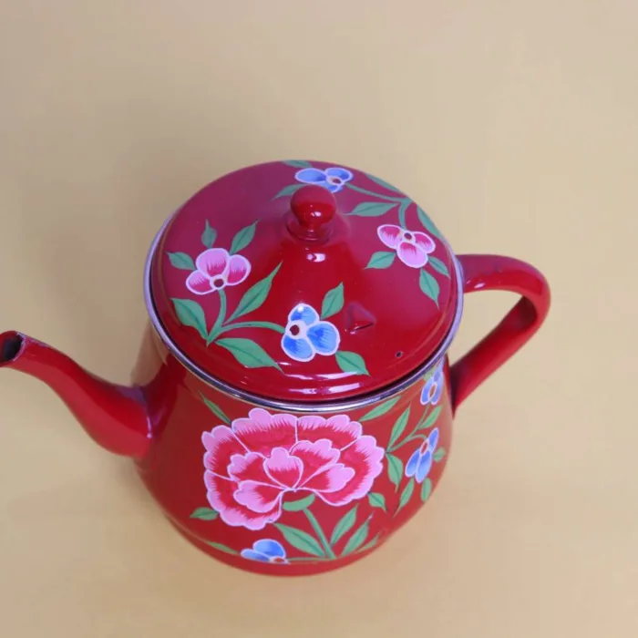 Kashmiri Enamel Red Tea Pot in Bold Multicolor Pattern - Image 3