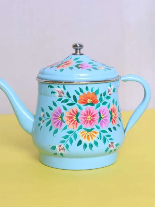 Cyan Hand-Painted Kashmiri Enamel Tea Pot with Floral Design Gyawun