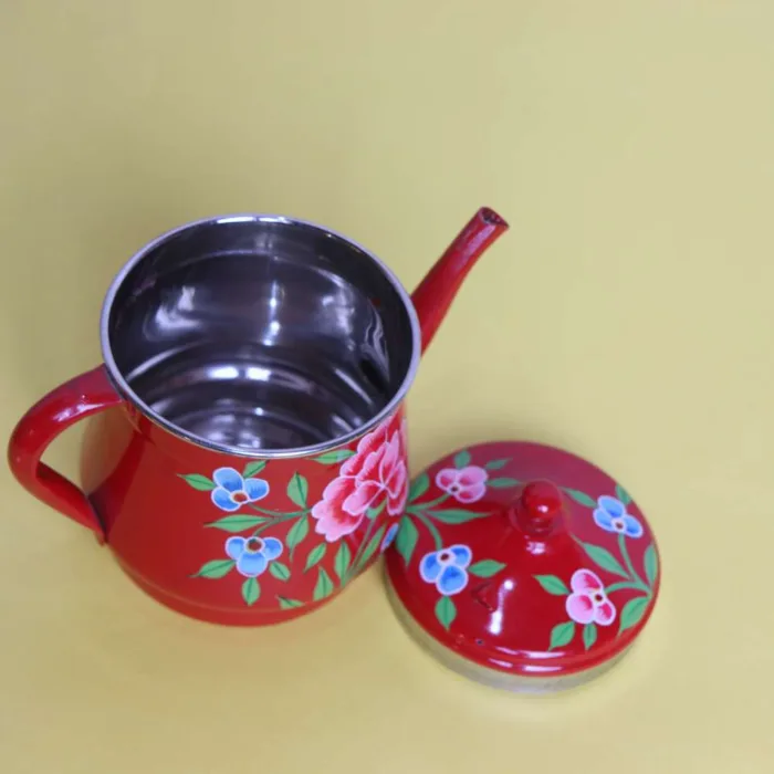 Kashmiri Enamel Red Tea Pot in Bold Multicolor Pattern - Image 4