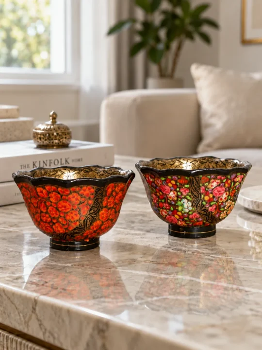 Handcrafted Paper Mache Bowls with Vibrant Floral Design | Set Of 2