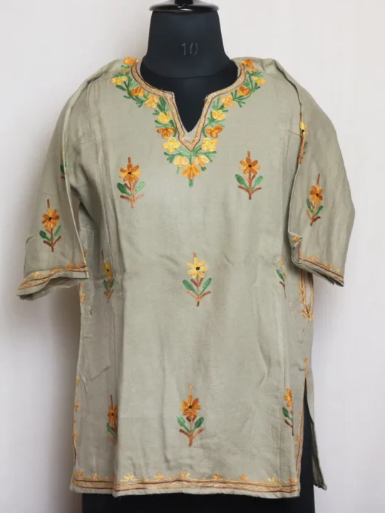 Beautiful Aari Embroidered Cashmilon Grey Pheran for Girls - Meesha Collection (6/7 years)