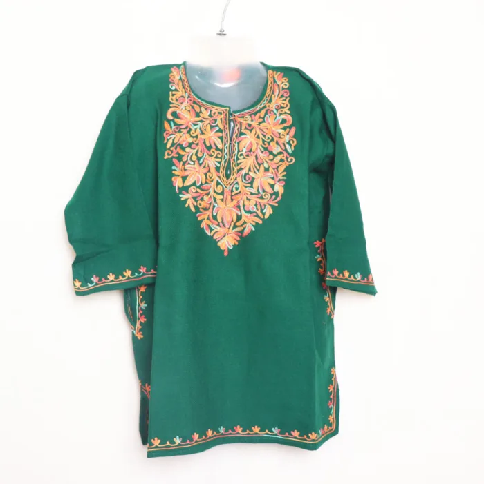 Green Cashmilon Girls Short Pheran With Beautiful Aari Embroidery - Meesha Collection (4/5 y)