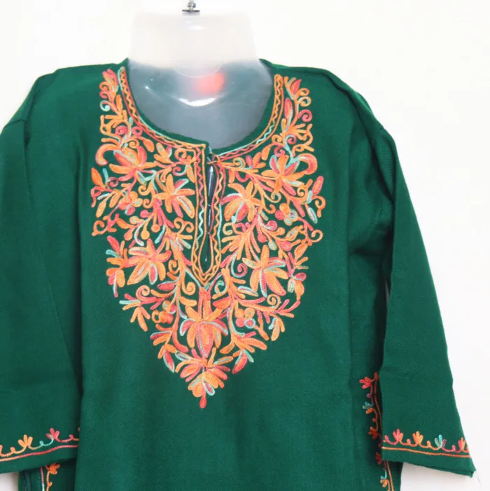 Green Cashmilon Girls Short Pheran With Beautiful Aari Embroidery - Meesha Collection (4/5 y) - Image 2