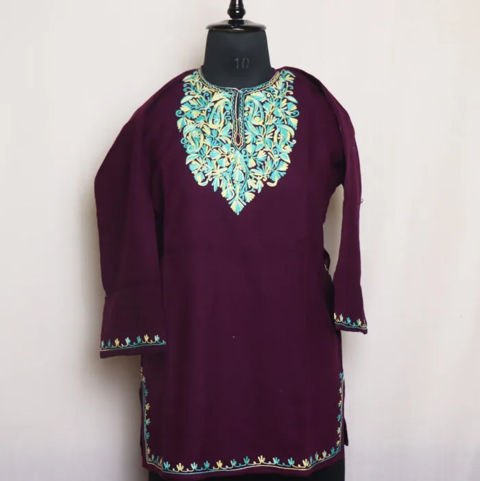 Girls Cashmilon Purple Pheran With Aari Detailing - Meesha Collection (7/8 y)