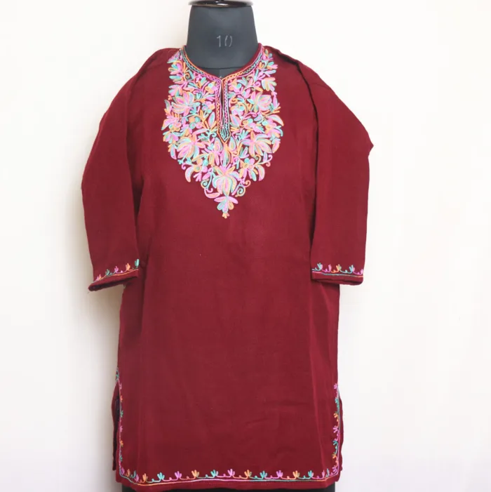 Girls Maroon Cashmilon Pheran With Aari Work - Meesha Collection (9/10 y)